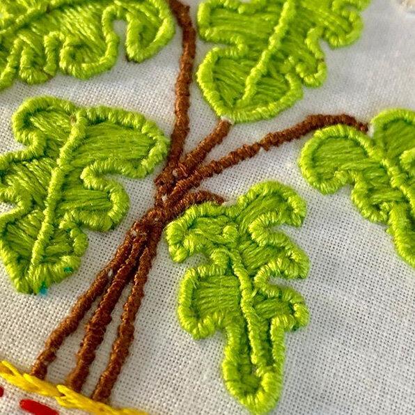 Close-up of some green, embroidered monstera leaves